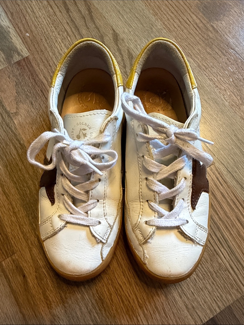 Golden Goose Kids White Sneakers with Brown Star & Yellow Heel Trim